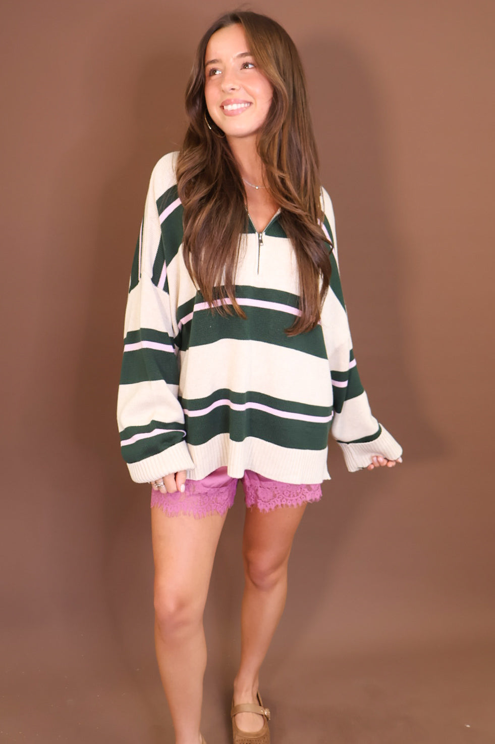 Hunter Green & Cream Oversized Quarter-Zip Sweater