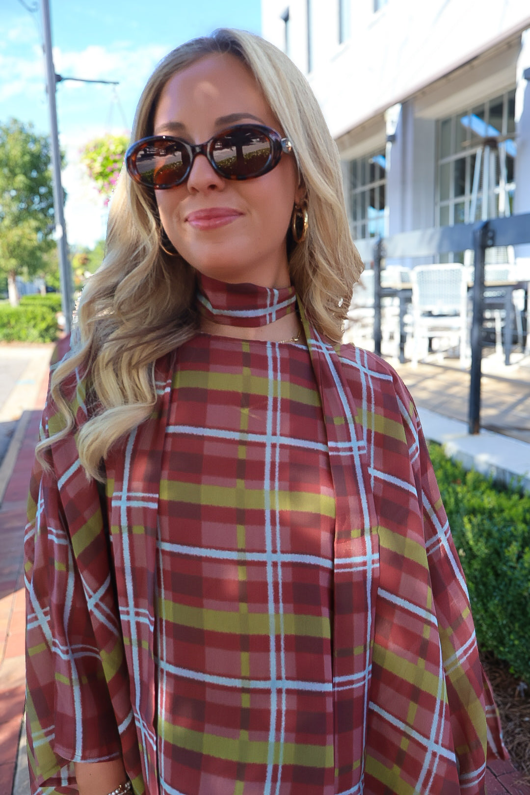 Plaid Poncho Top With Detached Neck Scarf