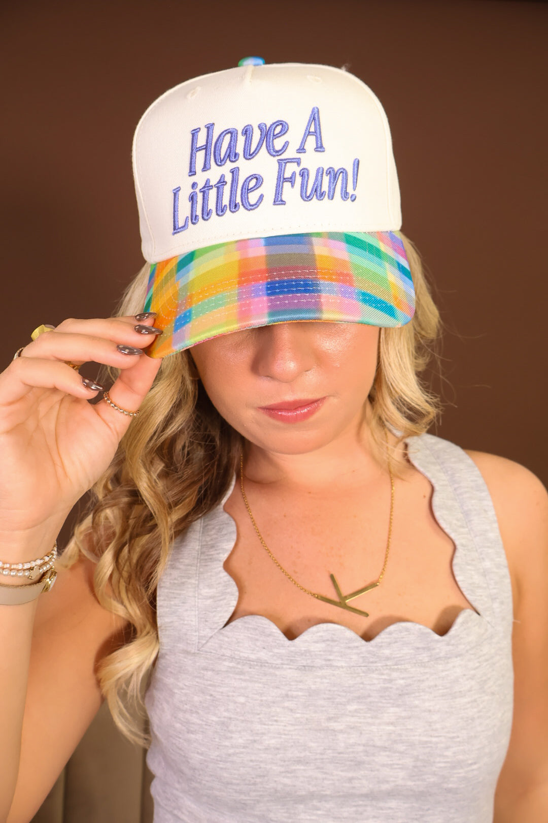 Have A Little Fun! Plaid Brim Trucker Hat