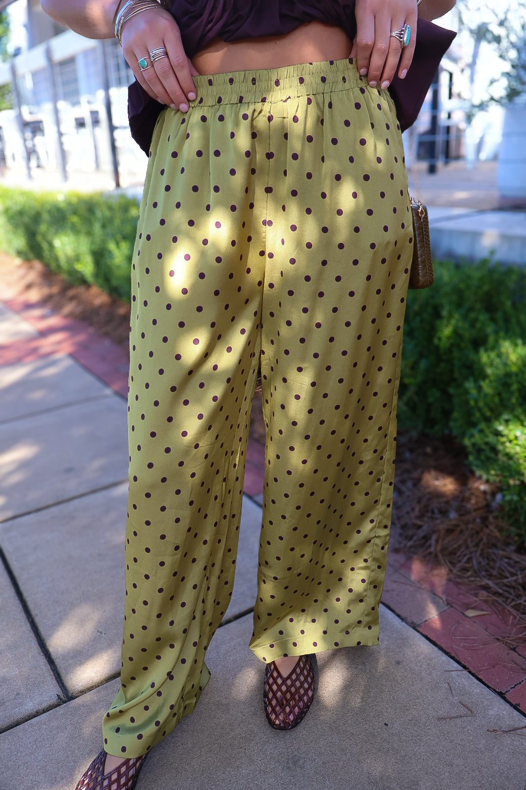 **PRE-ORDER 11/5!** Brown & Green Polka Dot Satin Wide Leg Pants
