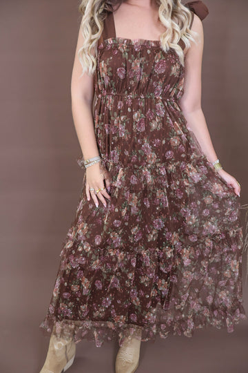 Chocolate Floral Mesh Shoulder Tie Midi Dress
