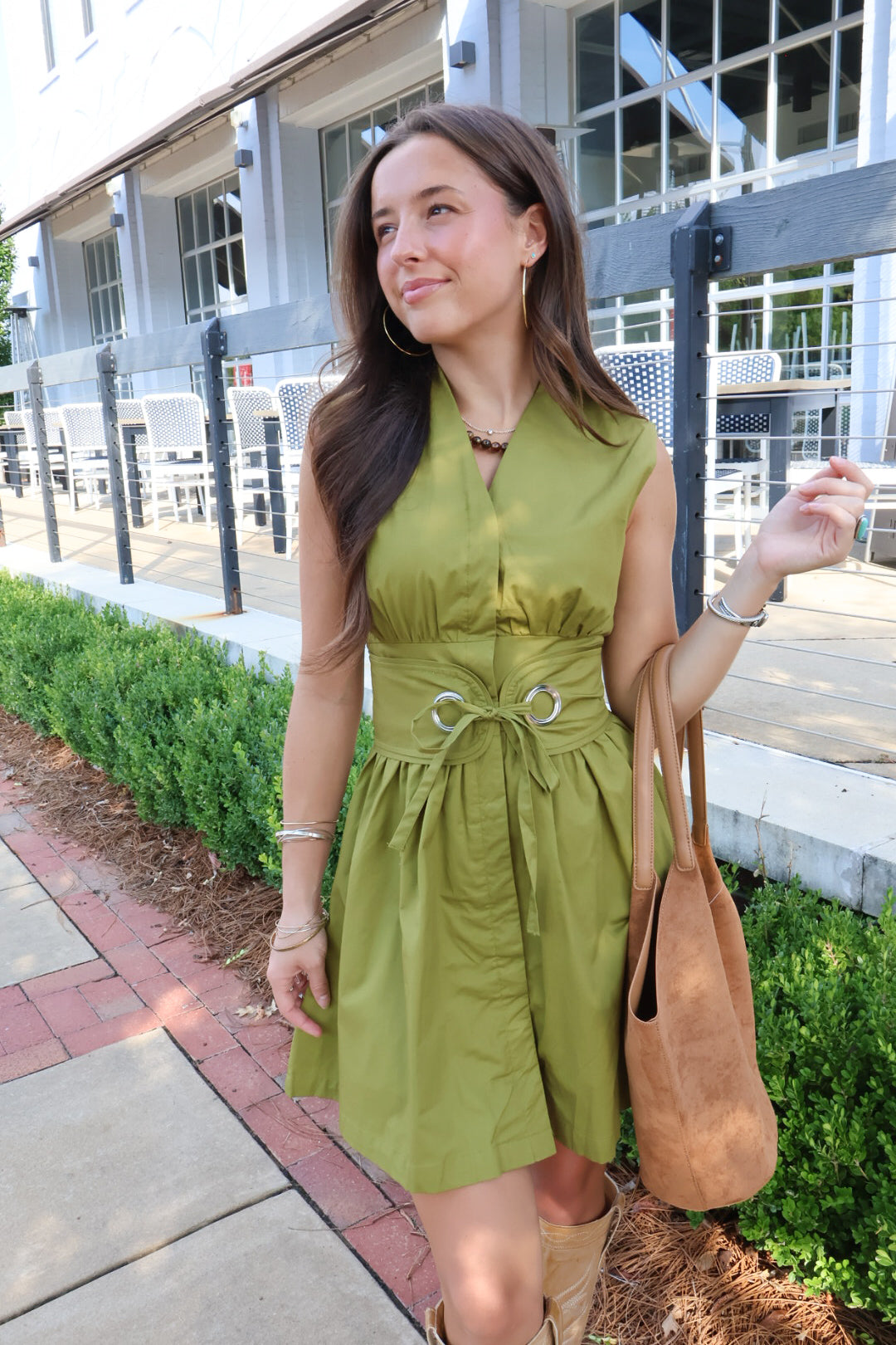Olive Dress with Banded Waist & Sash
