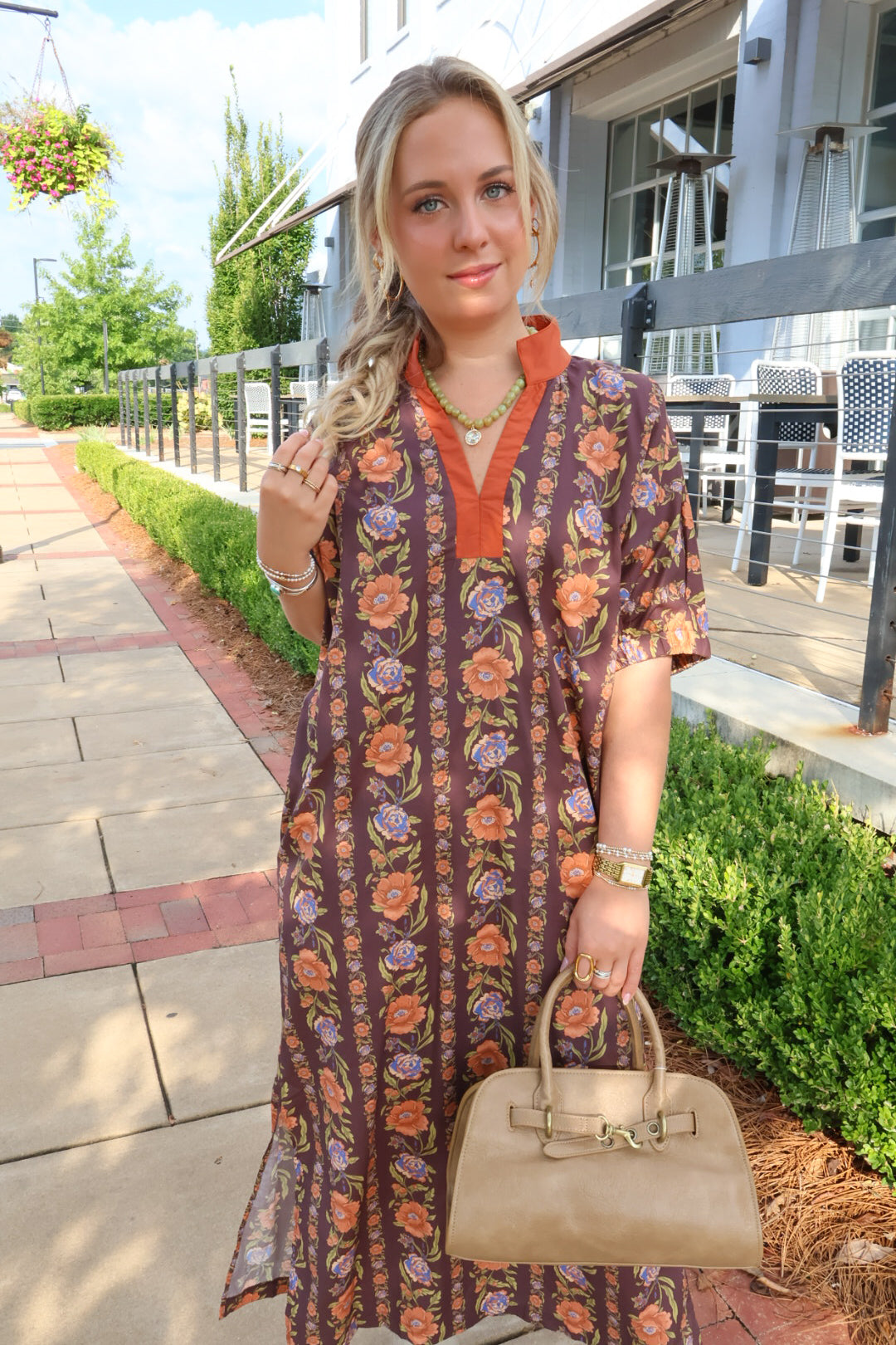 Brown & Orange Floral Midi Dress