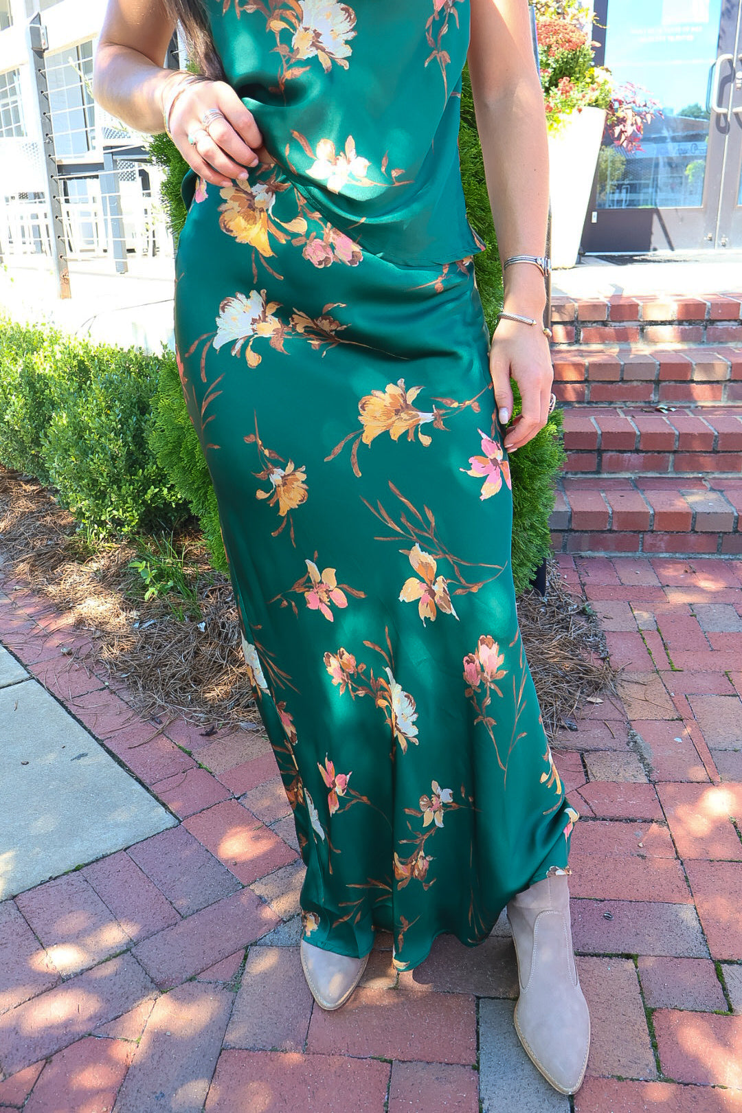 Green Floral Satin Halter Top & Midi Skirt Set