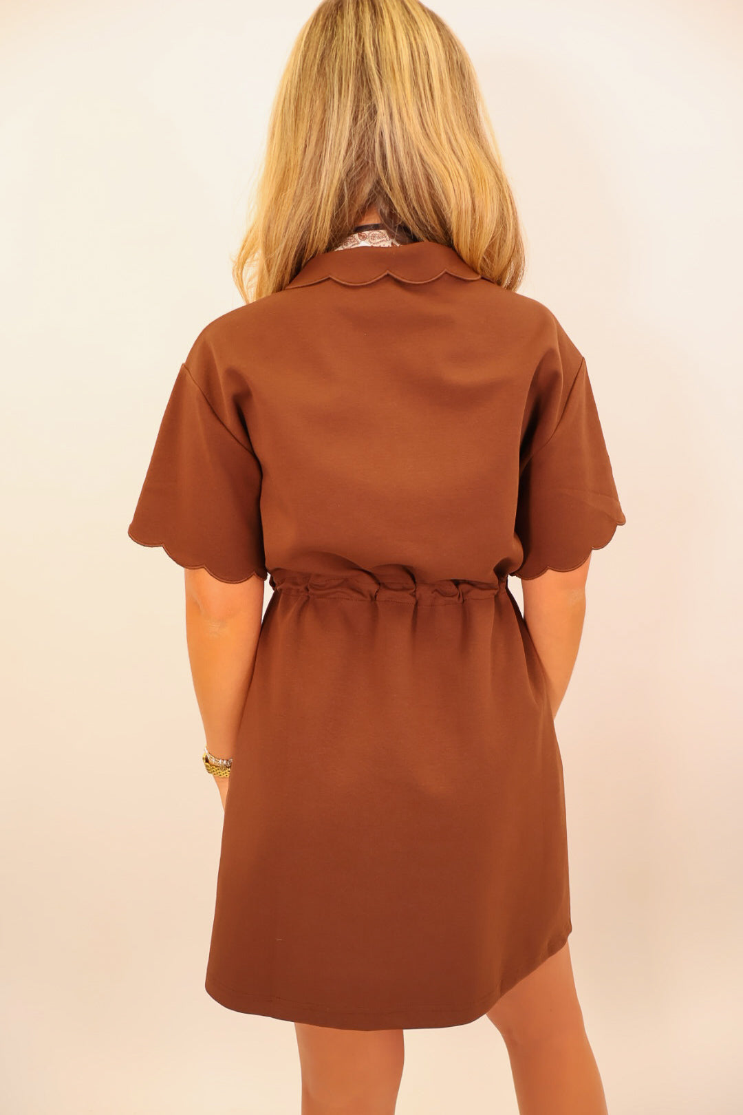 Brown Scallop Sleeve Snap Dress