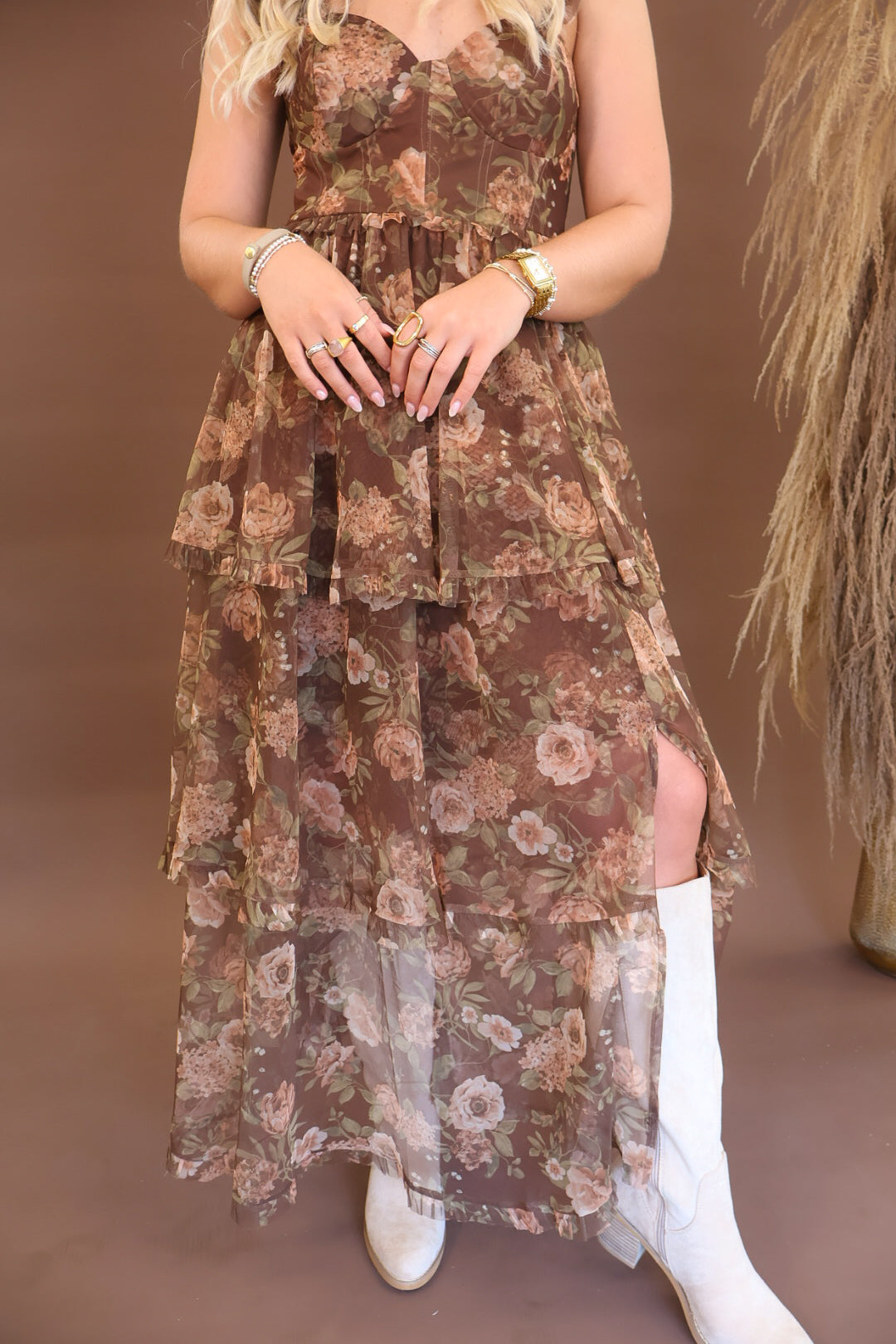 Chocolate Floral Mesh Tiered Ruffle Strap Dress