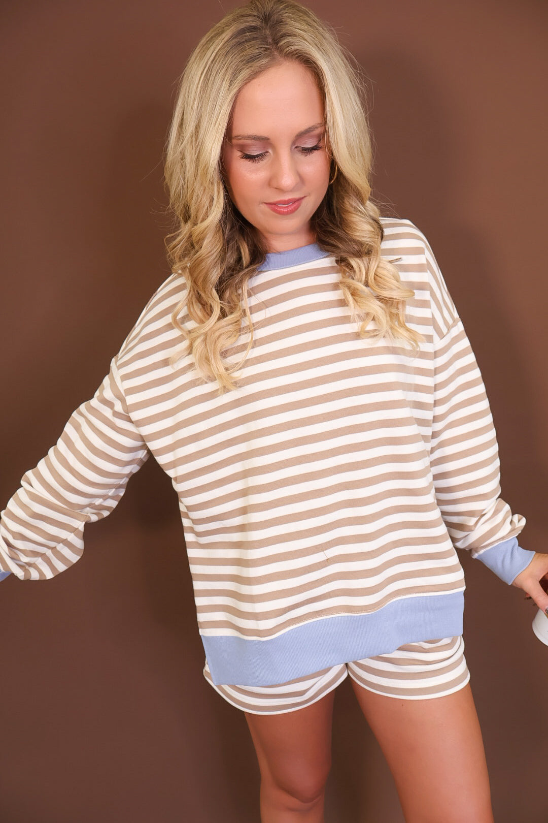 Taupe & Cream Striped Shorts Set With Blue Trim