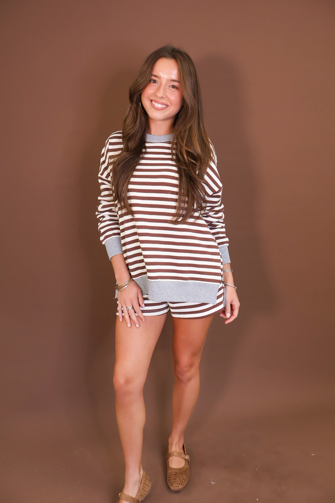 Brown & Cream Striped Shorts Set With Gray Trim