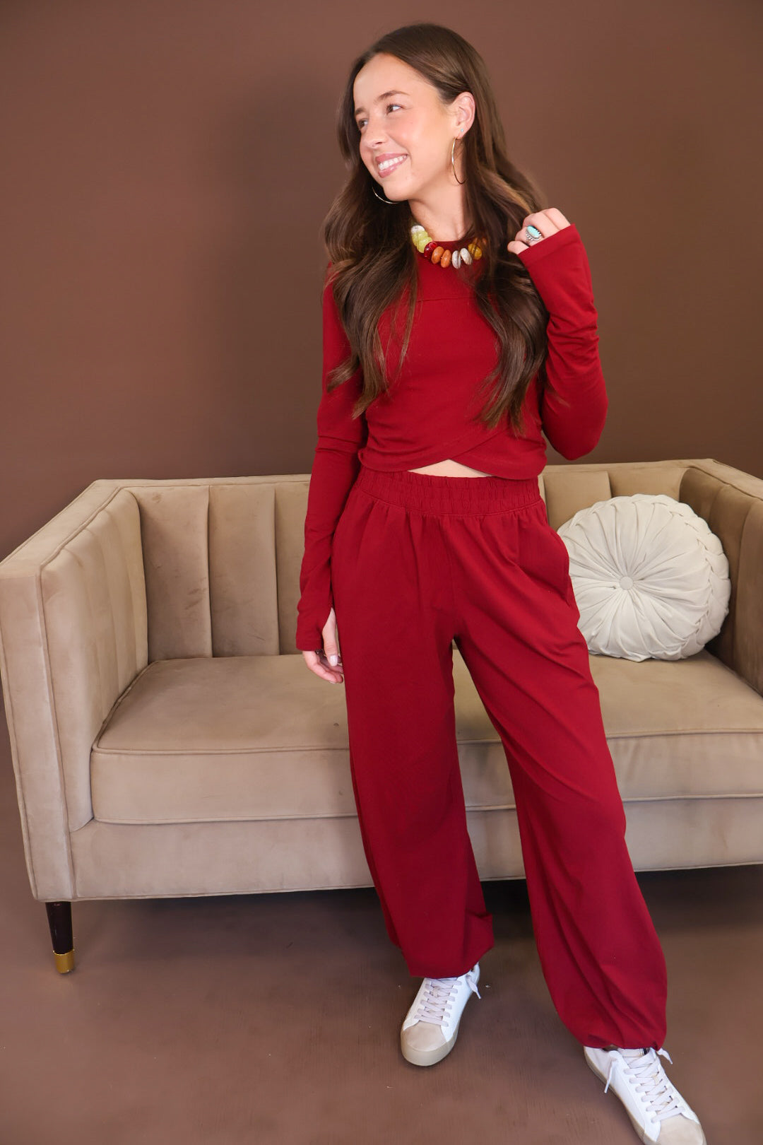 Burgundy Crossover Top & Jogger Pants Set