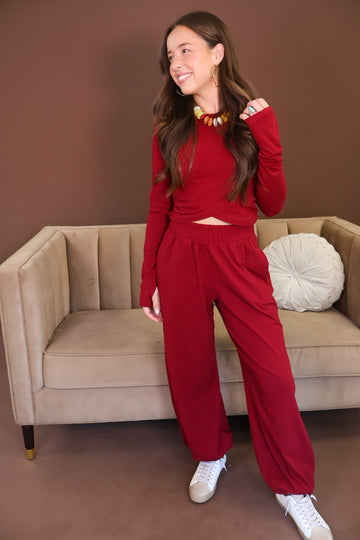 Burgundy Crossover Top & Jogger Pants Set