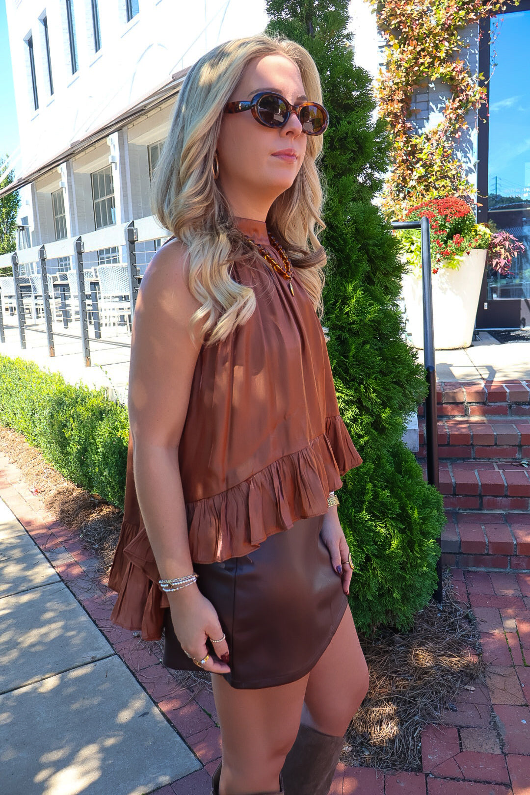 Copper Ruffle High Low Halter Top