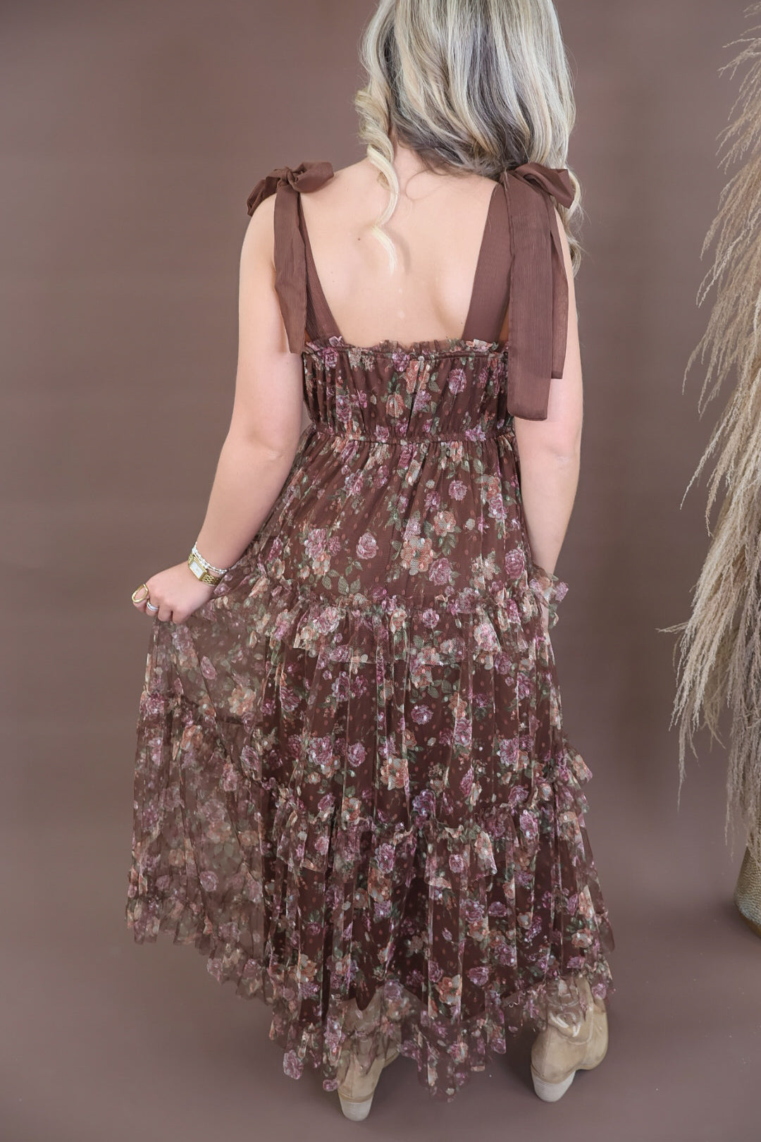 Chocolate Floral Mesh Shoulder Tie Midi Dress