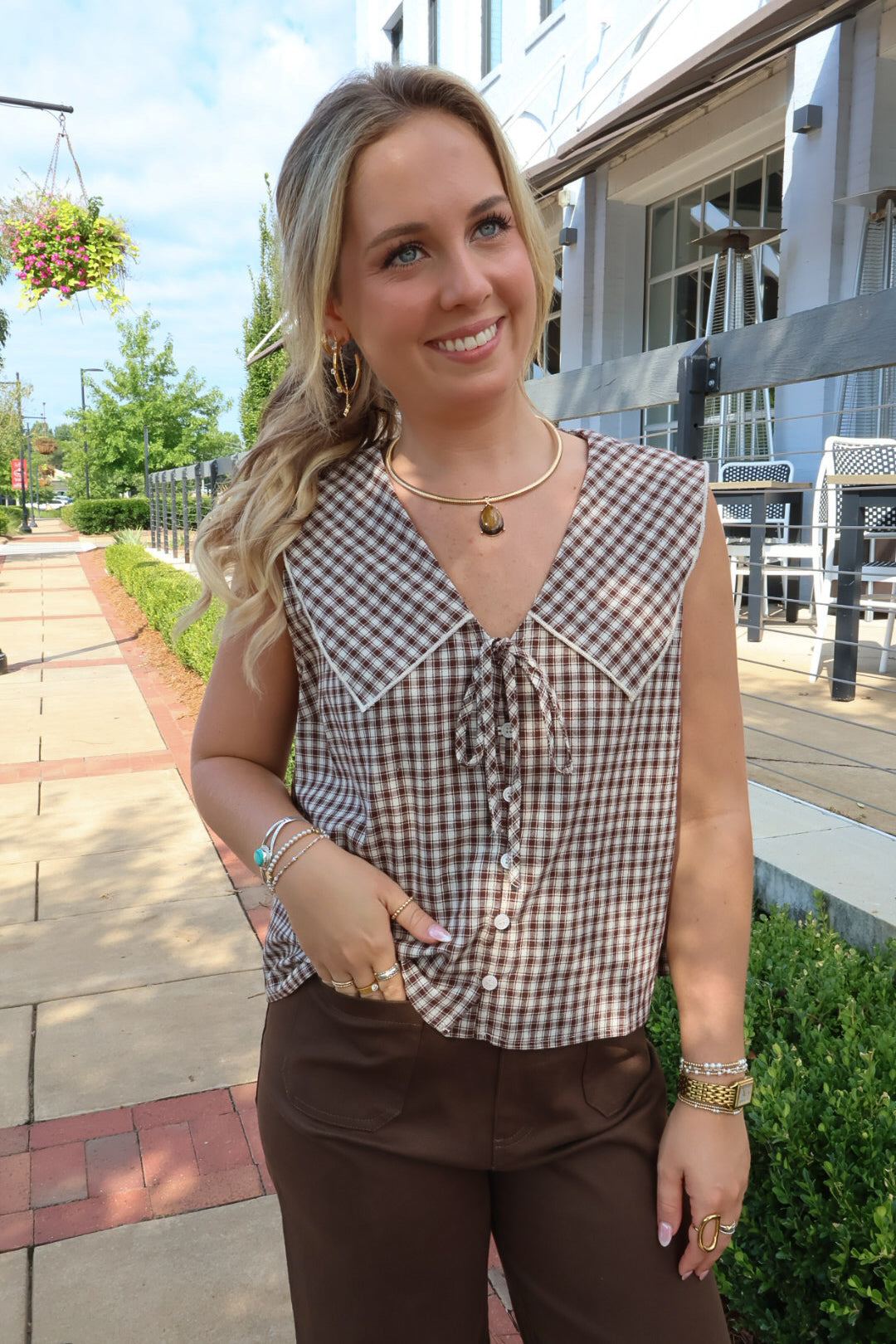 Brown Plaid Peter Pan Sleeveless Top
