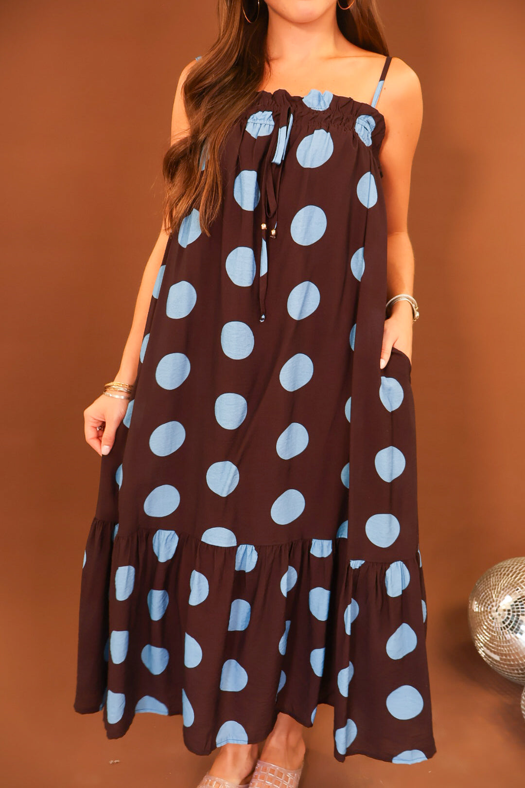 Brown & Blue Polka Dot Maxi Dress