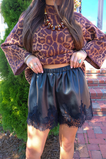 Black Faux Leather Lace Trim Shorts
