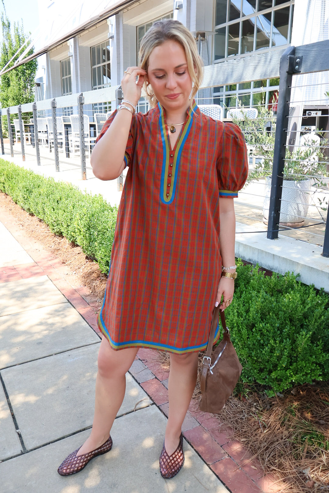 Rust Plaid Puff Sleeve Dress