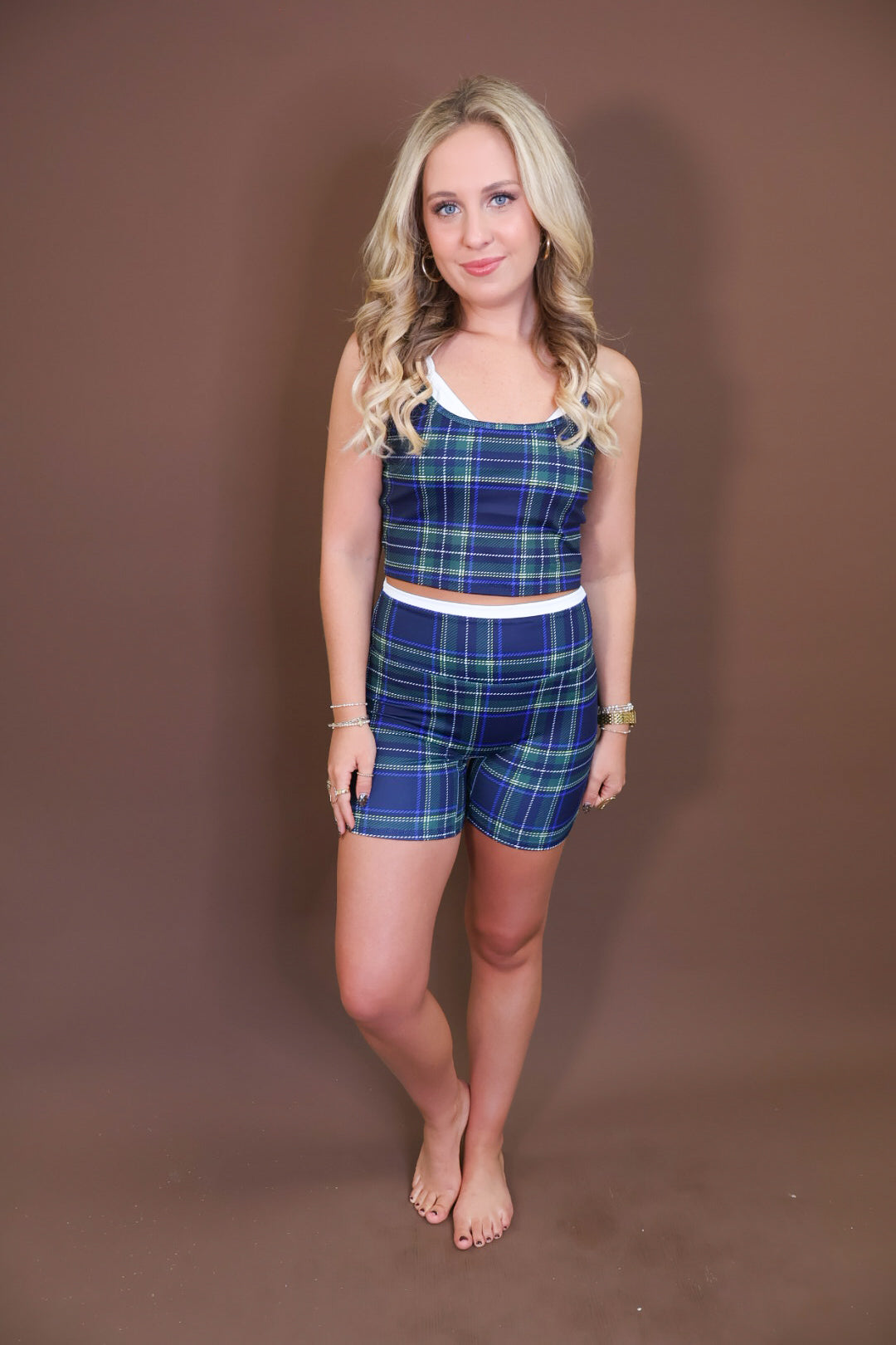 Green & Blue Plaid Layered Tank & Bike Shorts Set