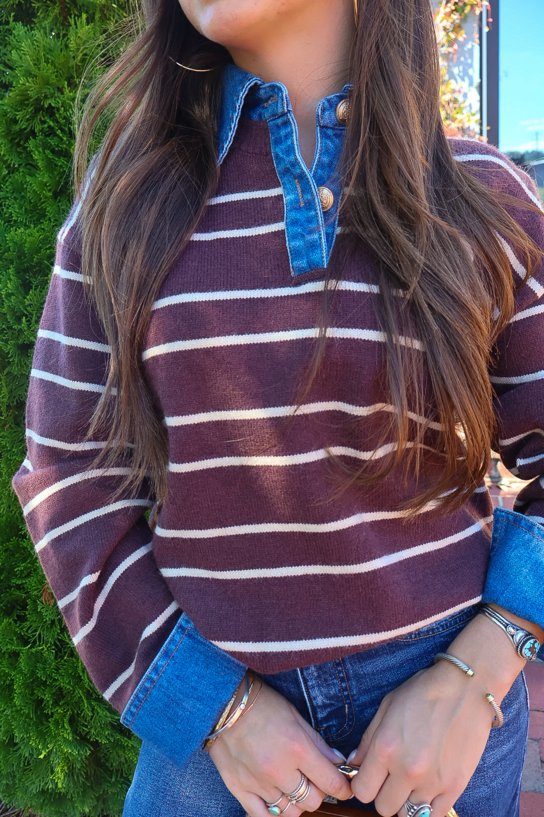 Striped Sweater With Denim Collar & Cuffs