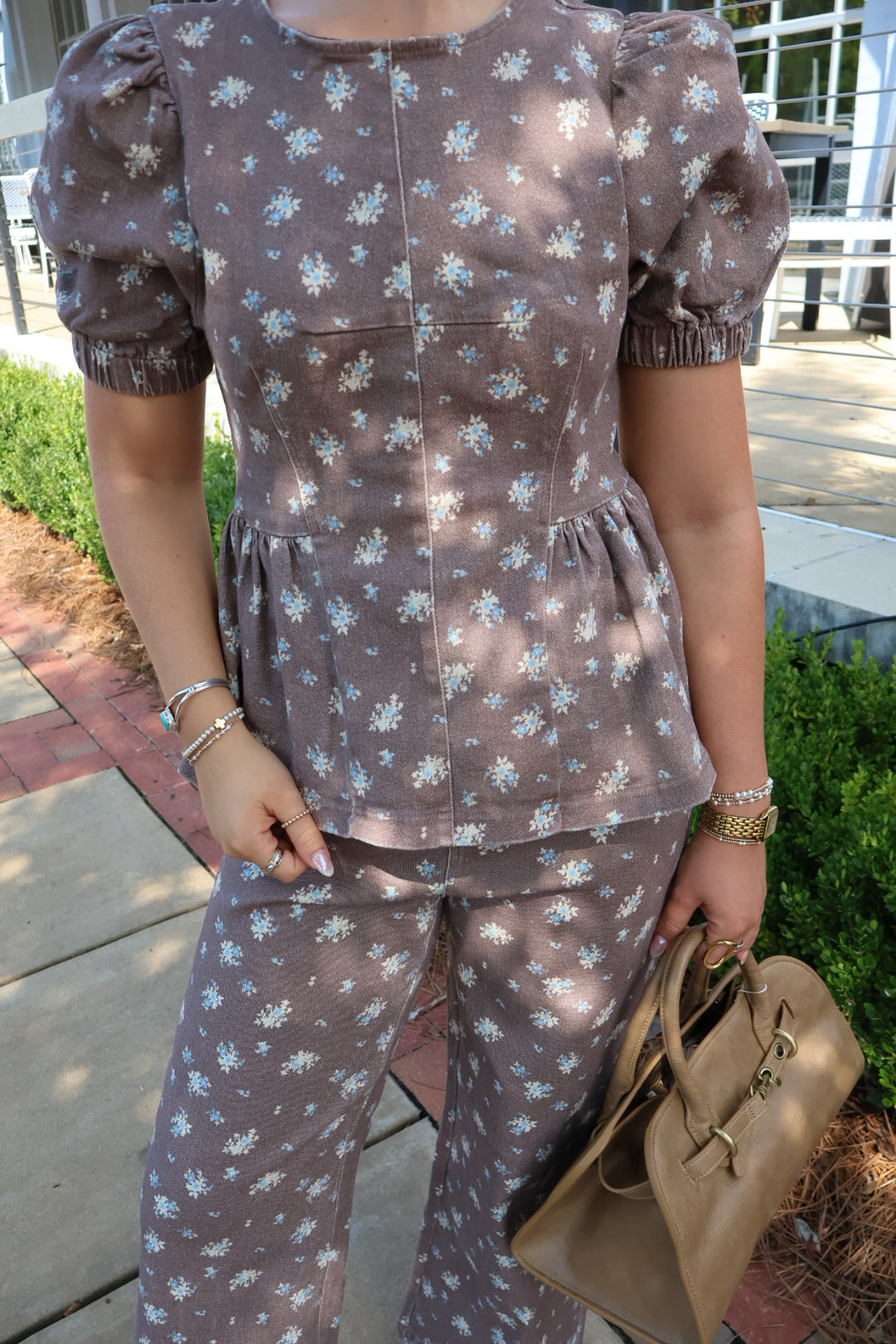 Brown & Blue Floral Denim Pants Set