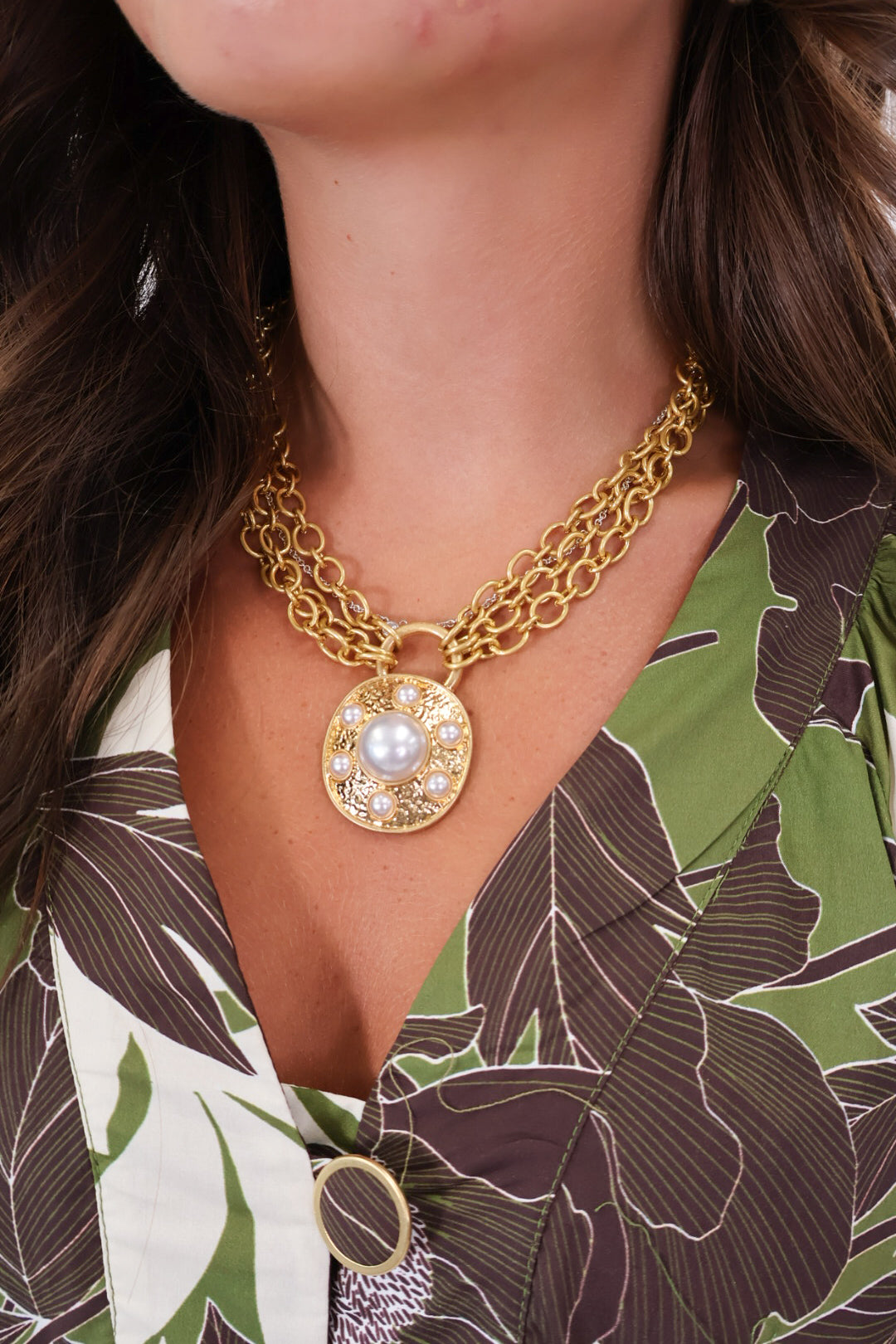 Gold Pearl Medallion Pendant Necklace
