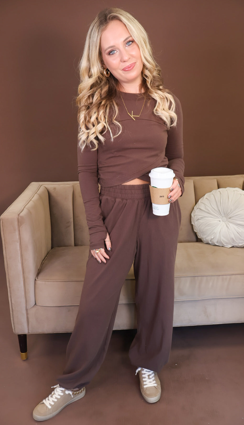 Brown Crossover Crop Top & Jogger Pants Set