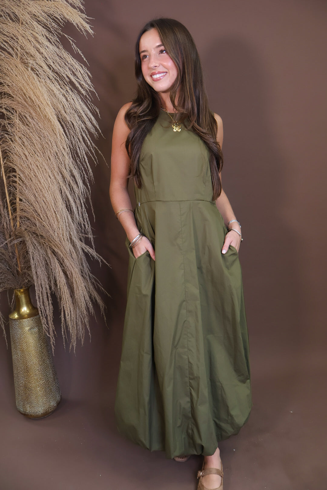 Olive Bubble Midi Dress with Scarf