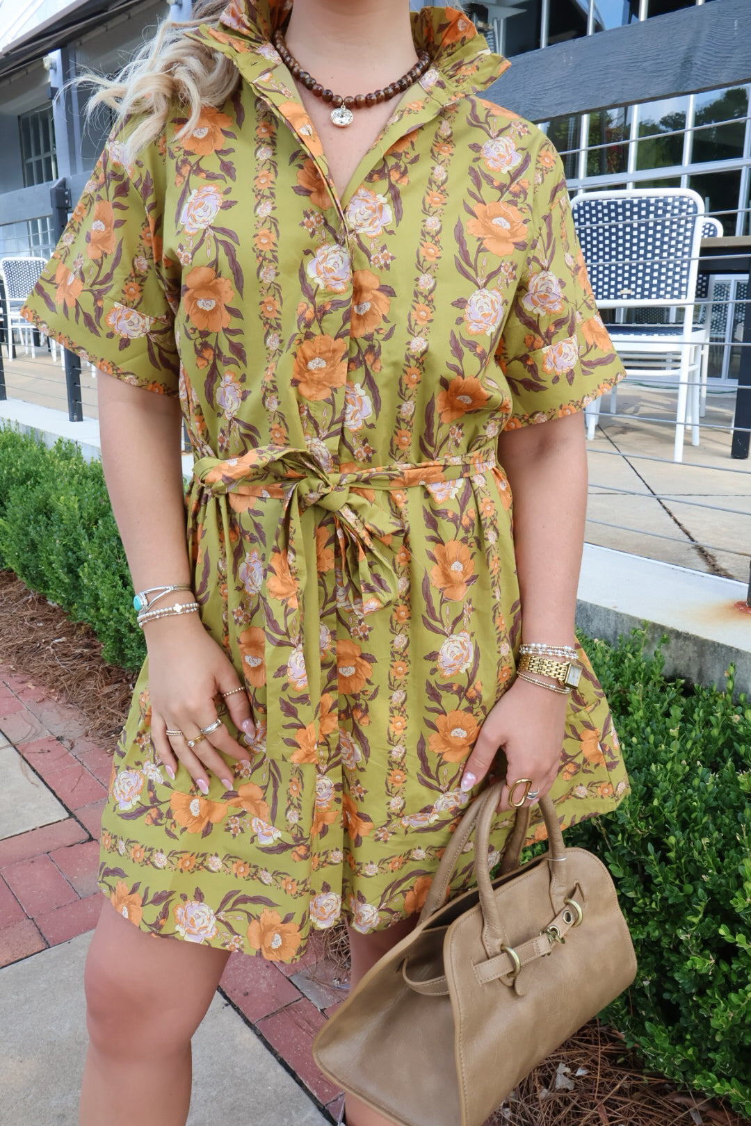 Green & Orange Floral Tie-Front Dress