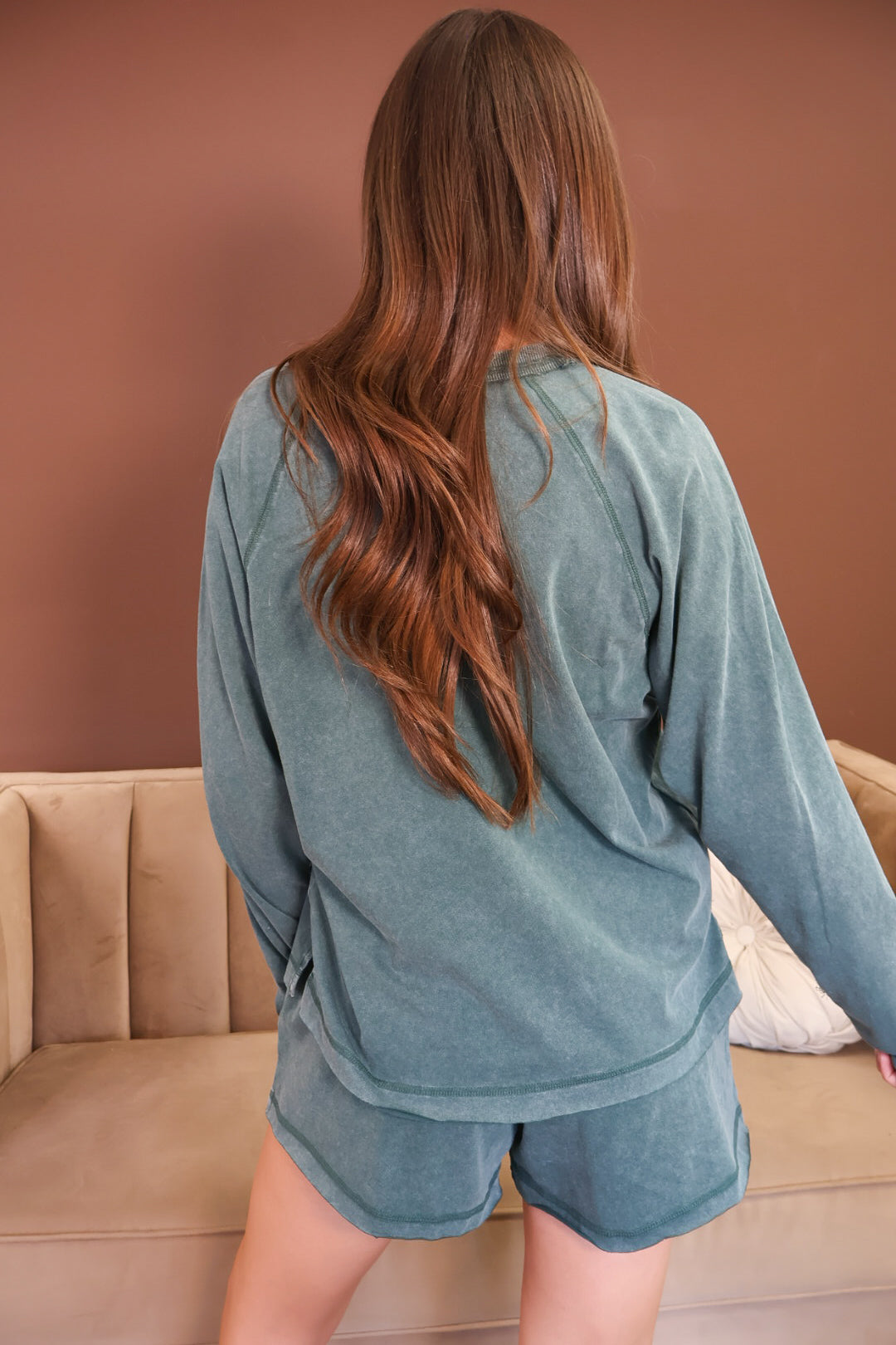 Washed Green Long Sleeve Top & Shorts Set