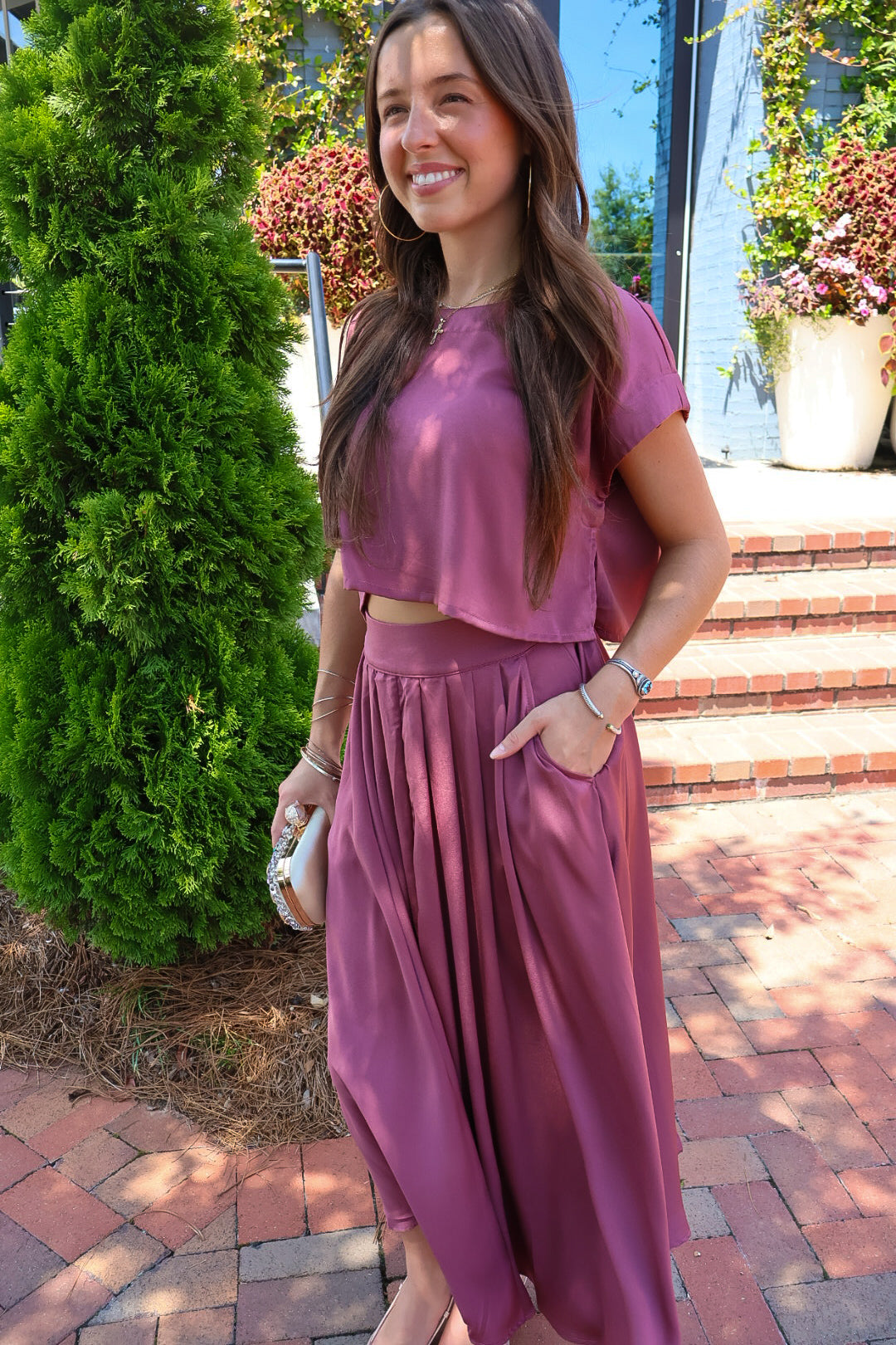 Mauve Satin Crop Top & Midi Skirt Set