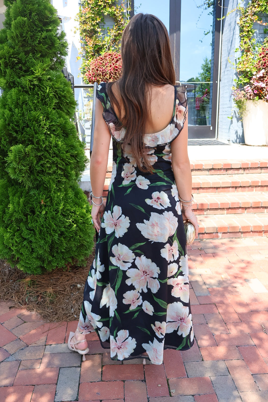 Black Floral Ruffle Strap Maxi Dress