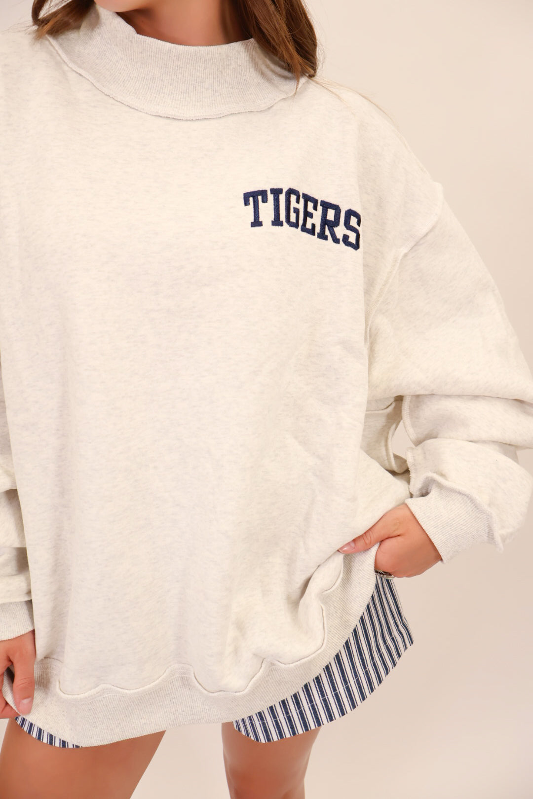 Tigers Chest Embroidered Mock Neck Pullover - Gray