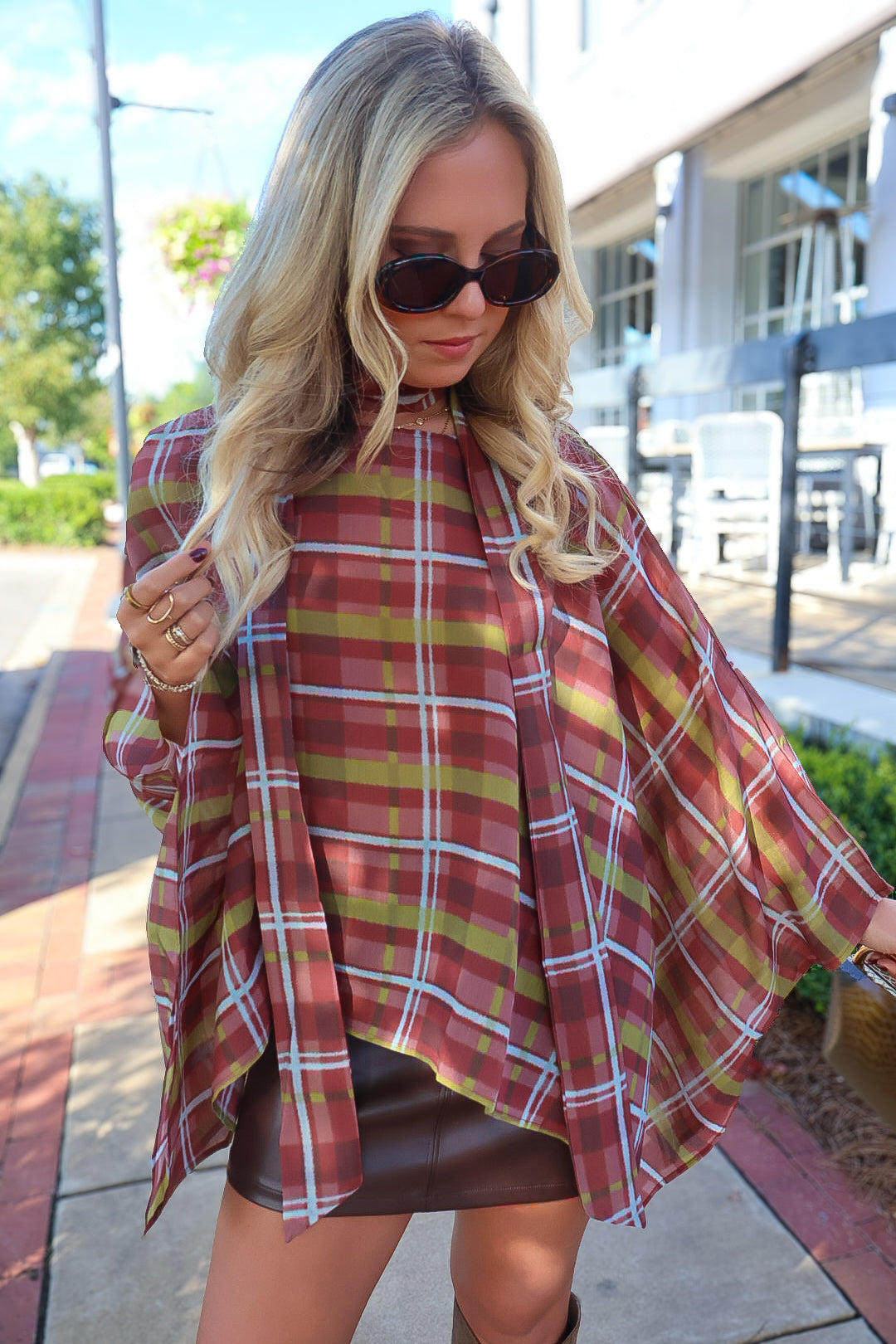 Plaid Poncho Top With Detached Neck Scarf