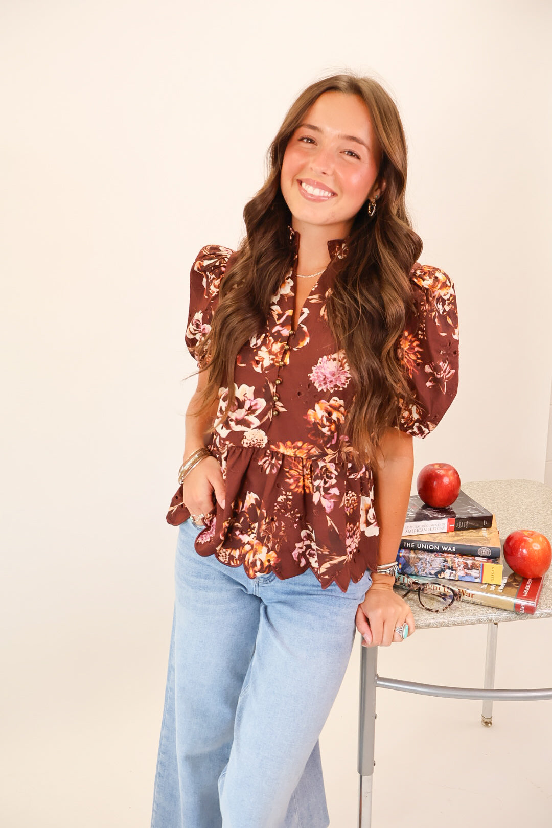 Brown Floral Puff Sleeve Top