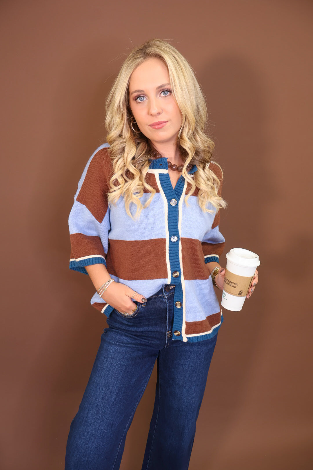 Light Blue & Brown Striped Short Sleeve Cardigan