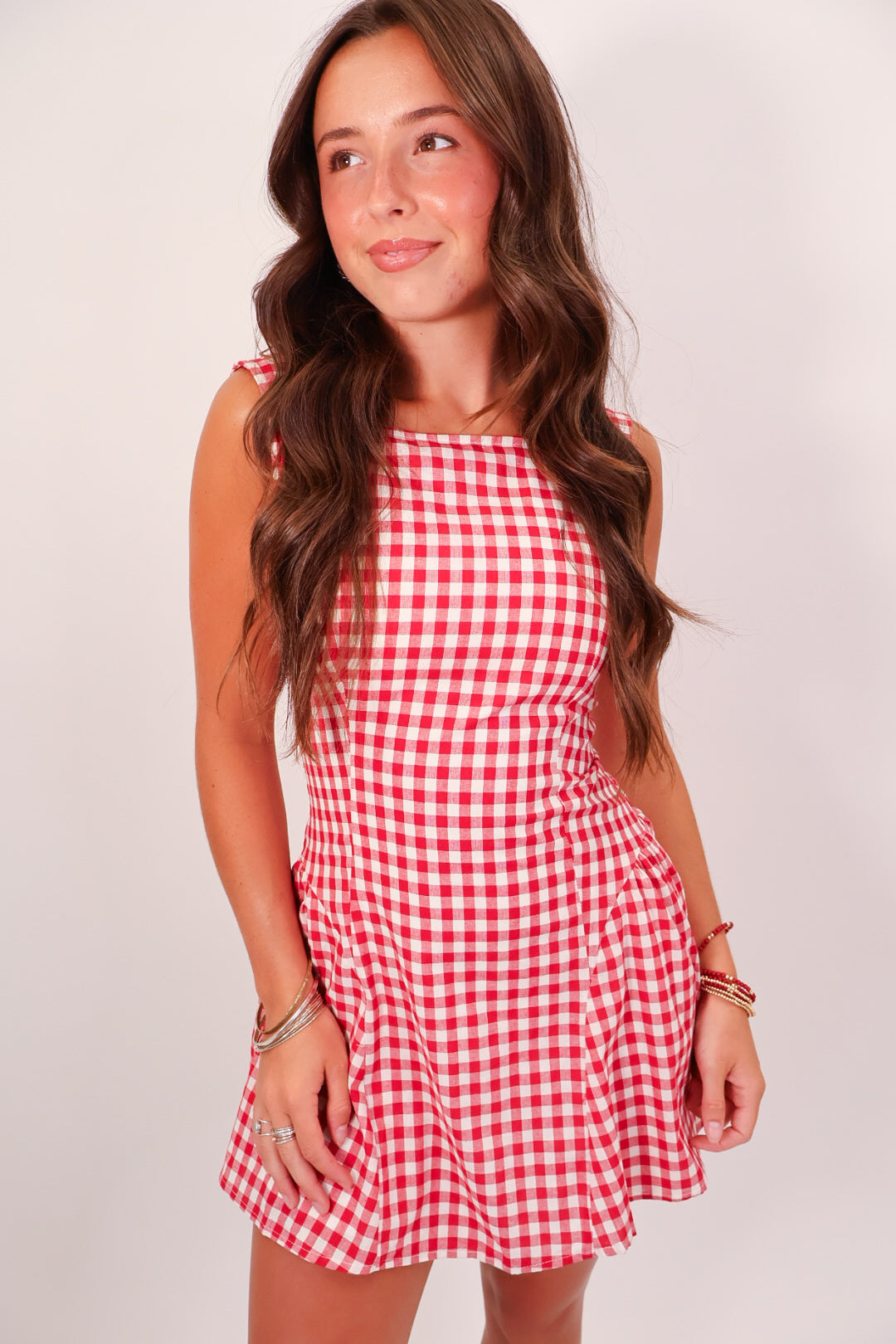 Red Gingham Scoop Back Mini Dress