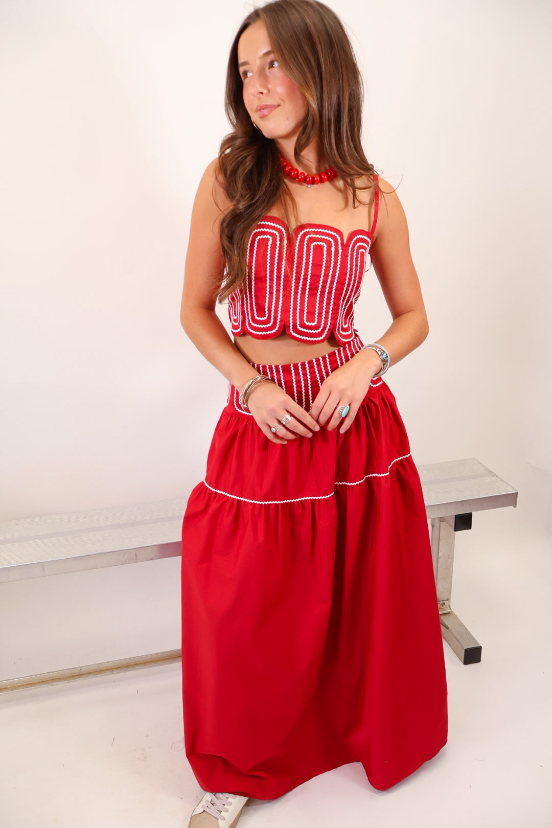 Crimson and White Trimmed Crop Top & Midi Skirt