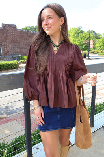 Brown Pleated Puff Sleeve Top