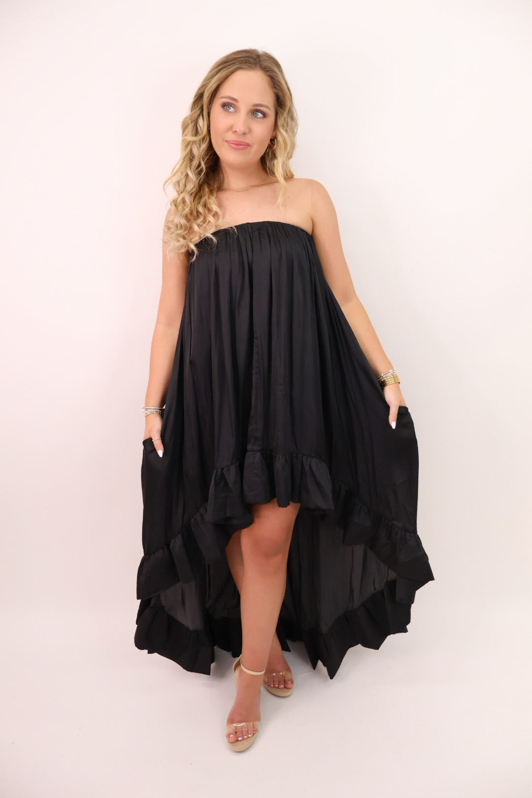 Satin Strapless High-Low Maxi Dress - Black