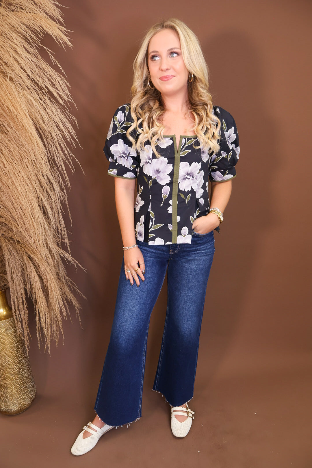 Black Floral Puff Sleeve Fitted Top