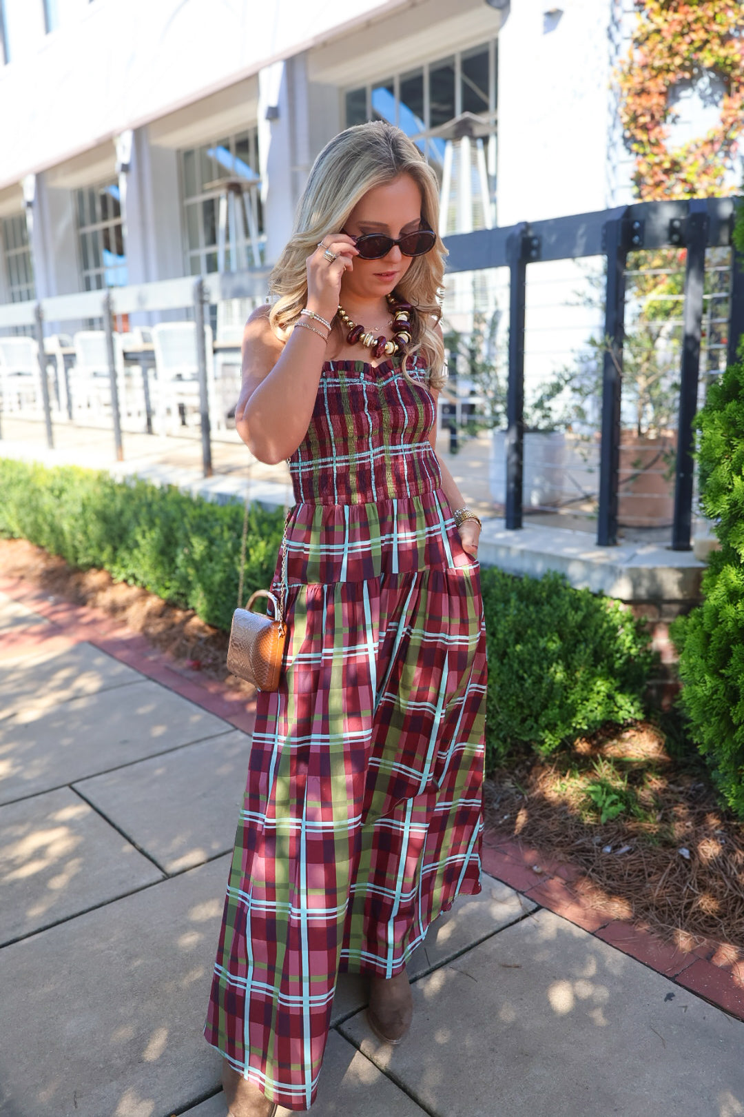 Burgundy Plaid Smocked Maxi Dress