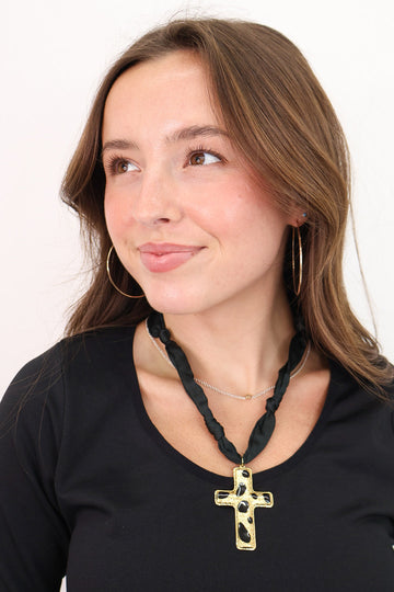 Black Scarf Necklace - Black Spotted Cross