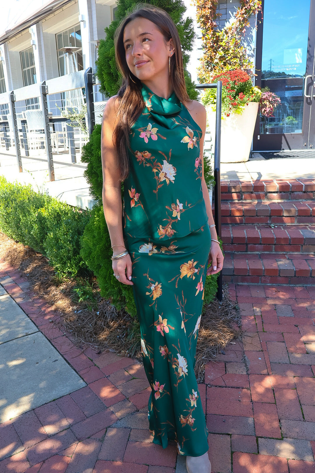 Green Floral Satin Halter Top & Midi Skirt Set