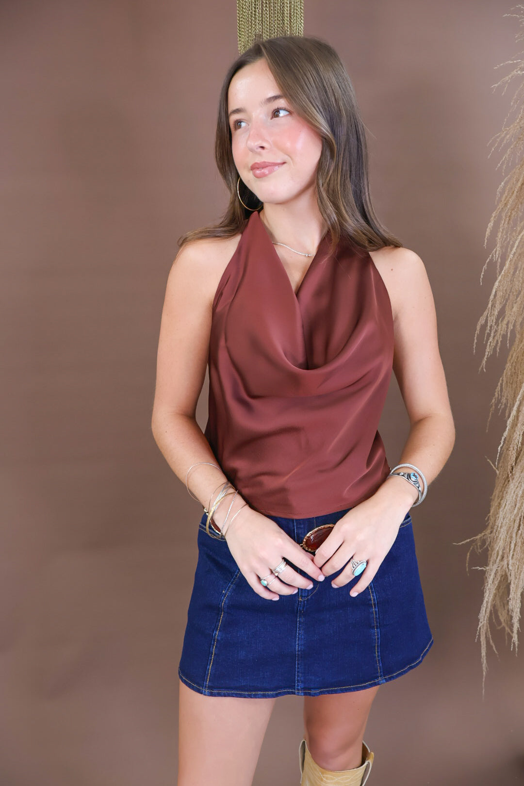 Brown Satin Cowl Neck Open Back Top