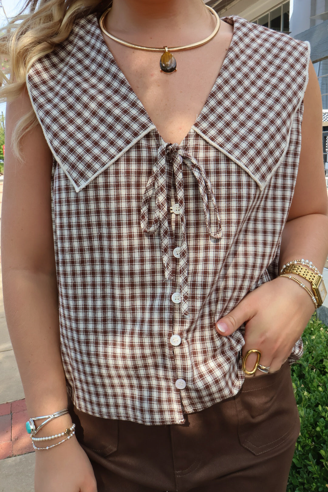Brown Plaid Peter Pan Sleeveless Top