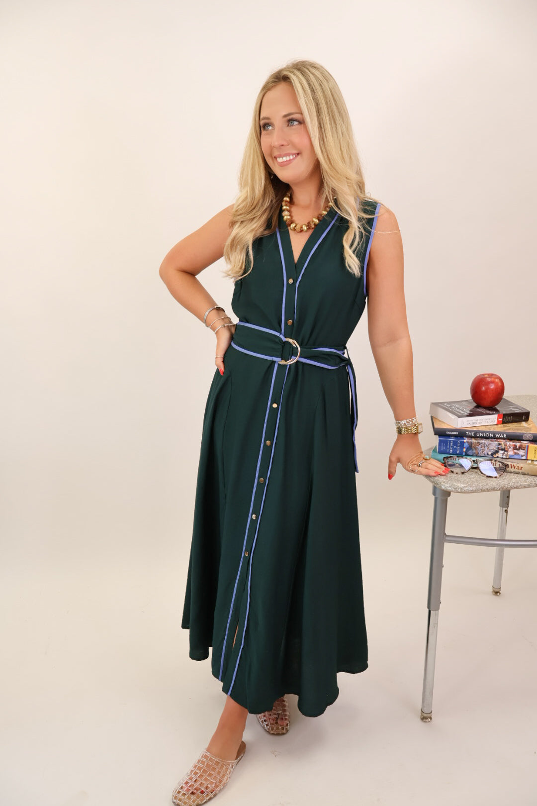 Green Contrast Trim Midi Dress