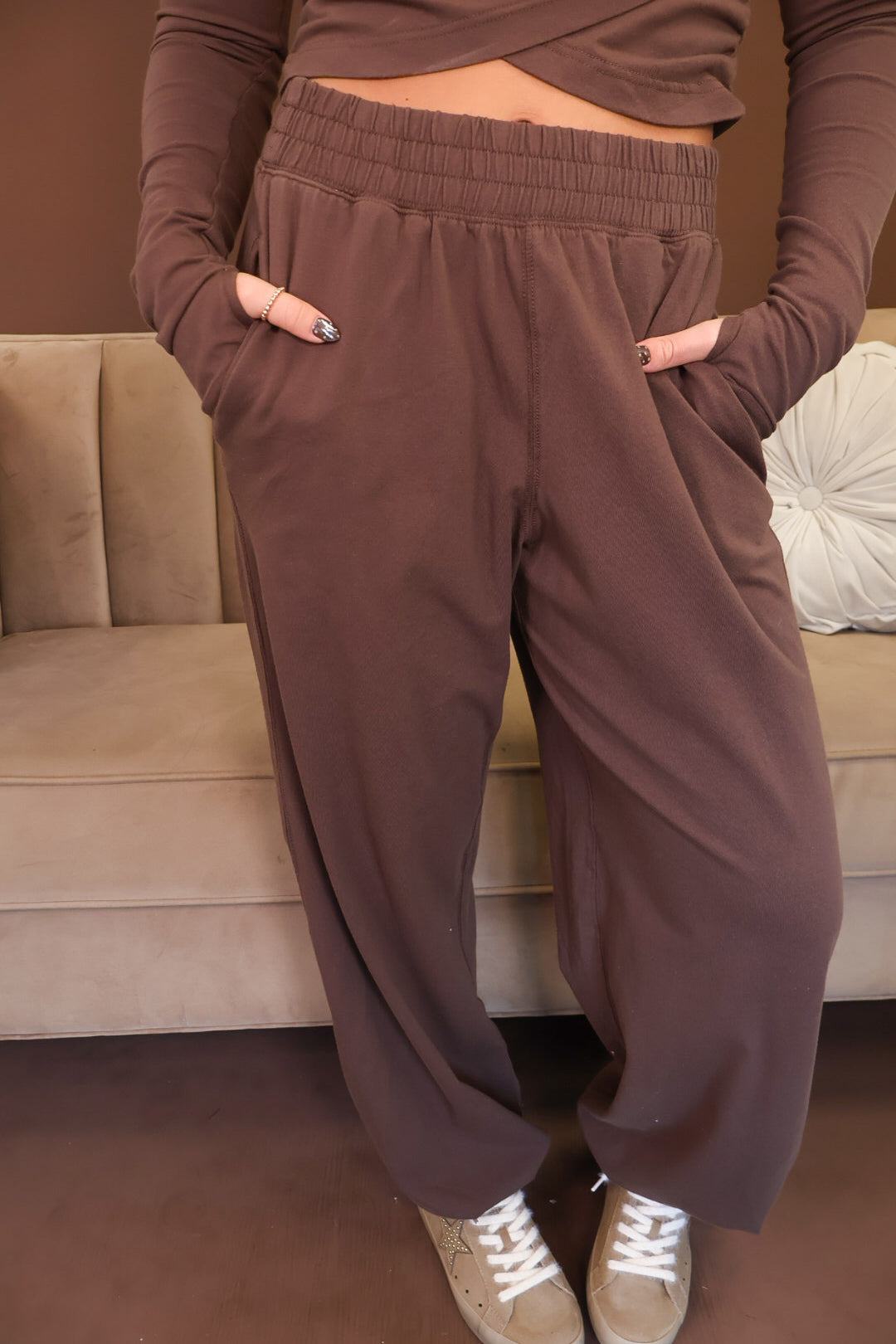 Brown Crossover Crop Top & Jogger Pants Set