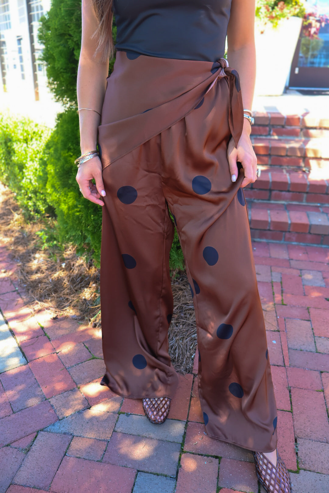 Brown & Black Polka Dot Satin Scarf Tie Pants