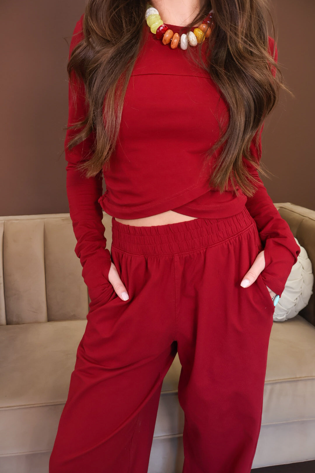 Burgundy Crossover Top & Jogger Pants Set
