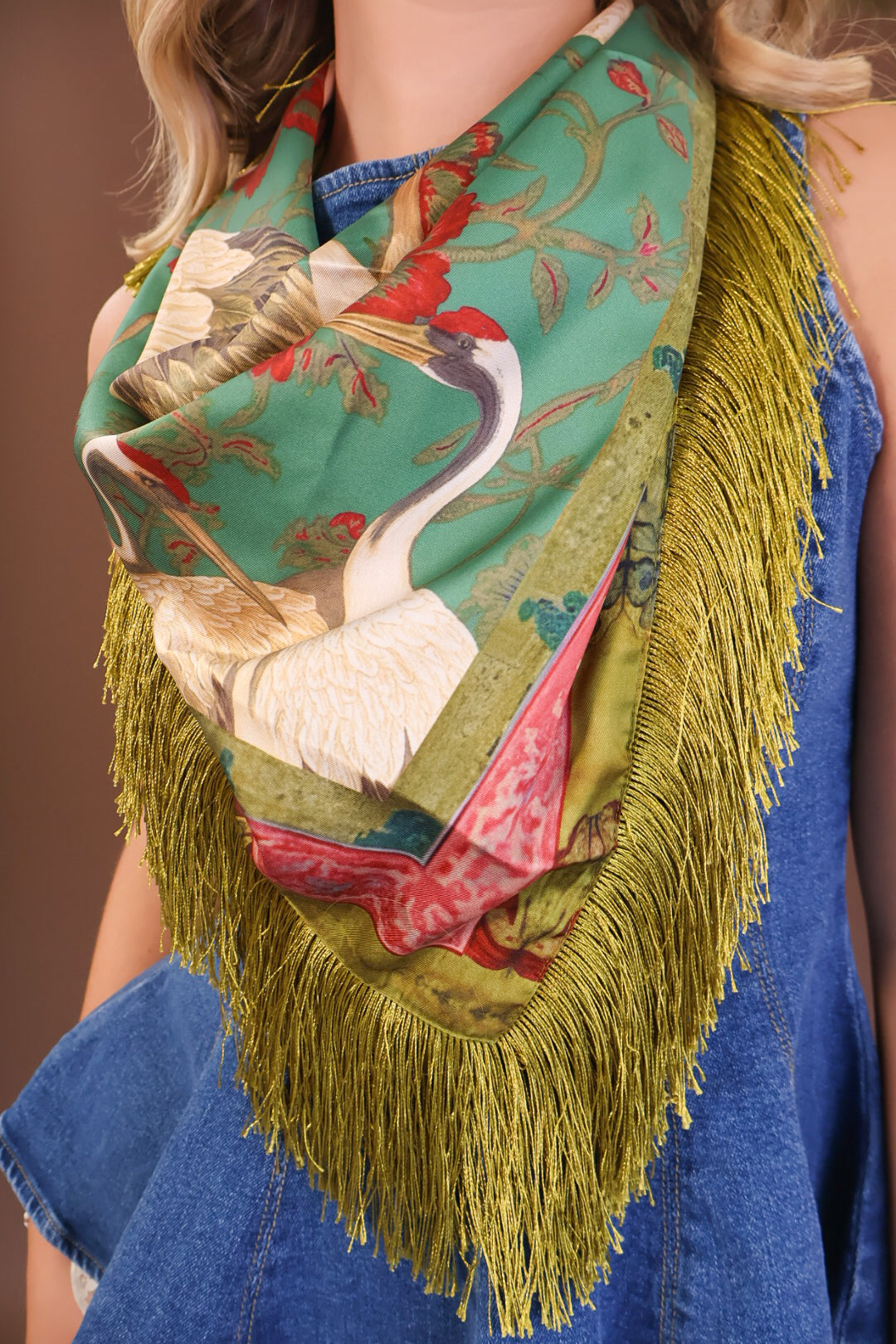 **PRE-ORDER 10/15** Crane Printed Green Fringe Square Scarf