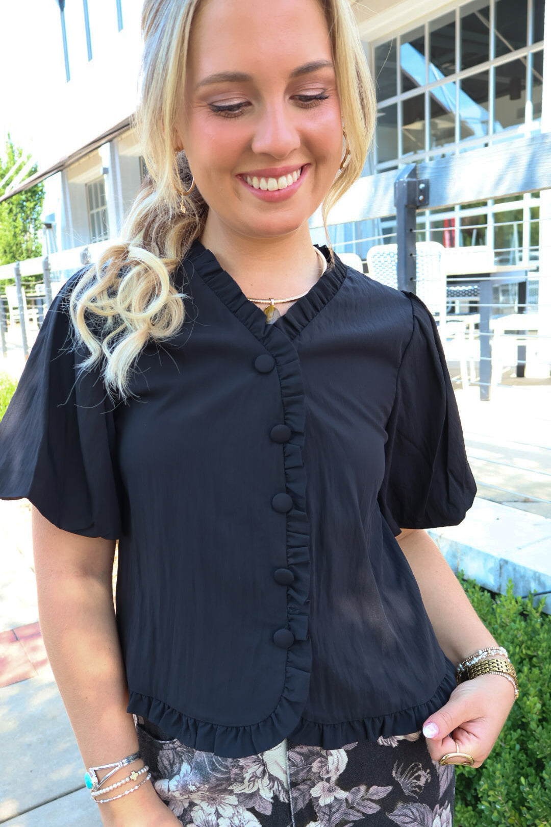 Black Ruffle Puff Sleeve Top